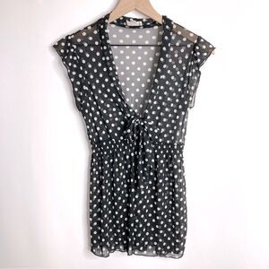 Y2K Lashes Mesh Blouse Black White Polka Dots Deep V Neck Small